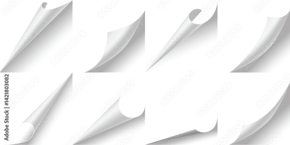 Curled paper corners. Curve page corner, pages edge curl and bent papers sheet with realistic shadow. Paper corner folds isolated on white background