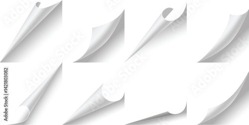 Obraz na płótnie Curled paper corners. Curve page corner, pages edge curl and bent papers sheet with realistic shadow. Paper corner folds isolated on white background w salonie
