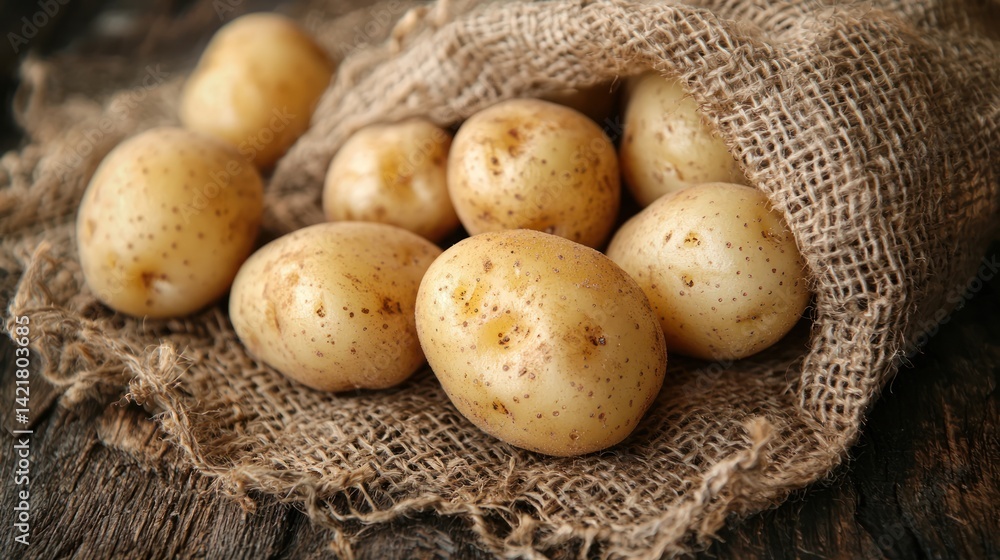 Potatoes in burlap sack on rustic wood. Possible use Food photography, cooking, healthy eating Potatoes in burlap sack on rustic wood. Possible use Food photography, cooking, healthy eating
