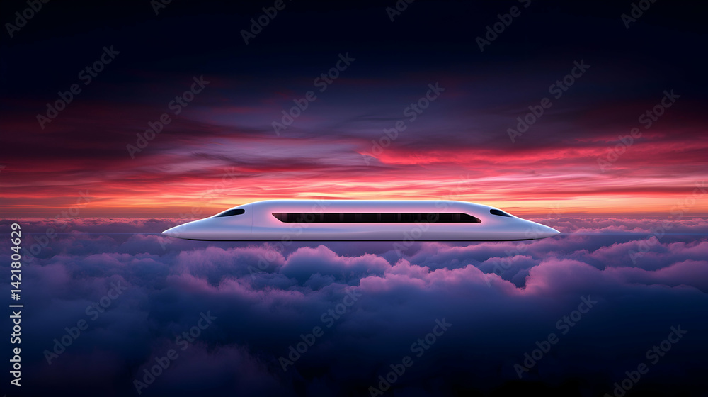 Futuristic White High Speed Train Above Clouds at Sunset Futuristic White High Speed Train Above Clouds at Sunset