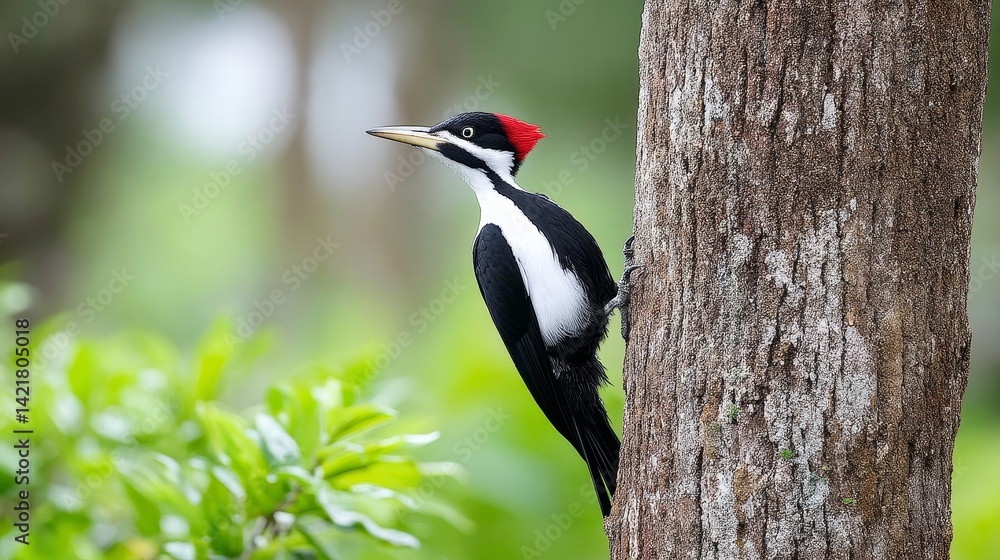 Fototapeta premium Crimson-Crested Woodpecker on Tree Trunk - A vibrant crimson-crested woodpecker perches on a tree trunk, showcasing its striking black and white plumage against a blurred green background