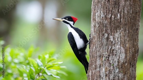 Crimson-Crested Woodpecker on Tree Trunk - A vibrant crimson-crested woodpecker perches on a tree trunk, showcasing its striking black and white plumage against a blurred green background