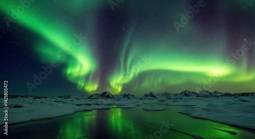 Wallpaper Mural Green aurora borealis over a snowy landscape with water reflections. Torontodigital.ca