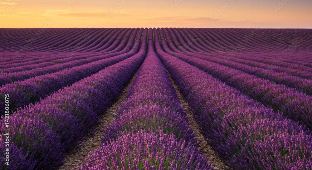 Rows of lavender flowers in a field under a colorful sky at dusk. Rows of lavender flowers in a field under a colorful sky at dusk.