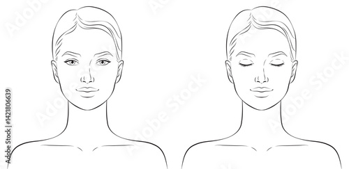 Face of a young beautiful woman. Makeup artist face chart, outline vector illustration