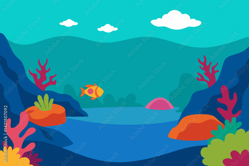 Vector illustration of a tropical island landscape with coral, sea, sun, and beach Vector illustration of a tropical island landscape with coral, sea, sun, and beach