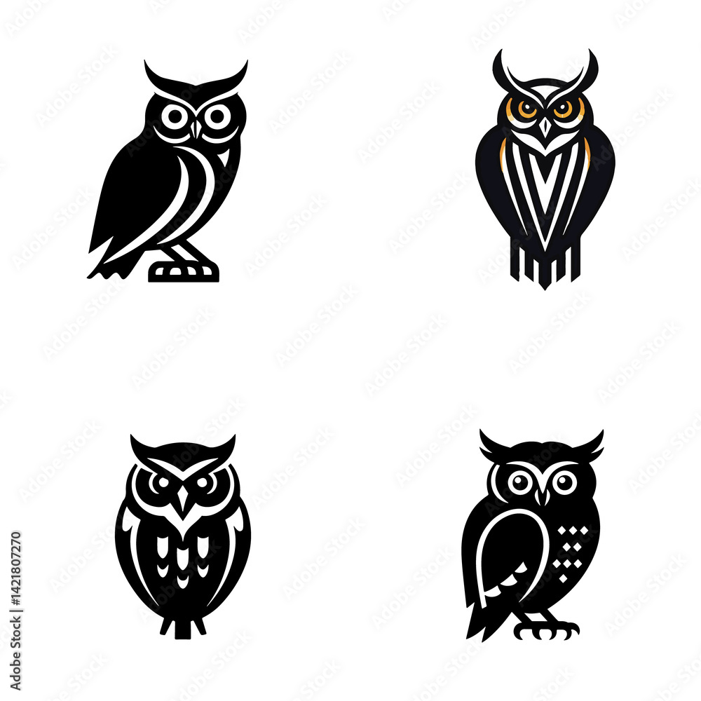 Minimalist owl icon design, black and white owl silhouettes, flat vector style, cartoon owl illustration, symmetrical graphic design, simple and clean owl artwork, front view of cute owls, isolated on Minimalist owl icon design, black and white owl silhouettes, flat vector style, cartoon owl illustration, symmetrical graphic design, simple and clean owl artwork, front view of cute owls, isolated on