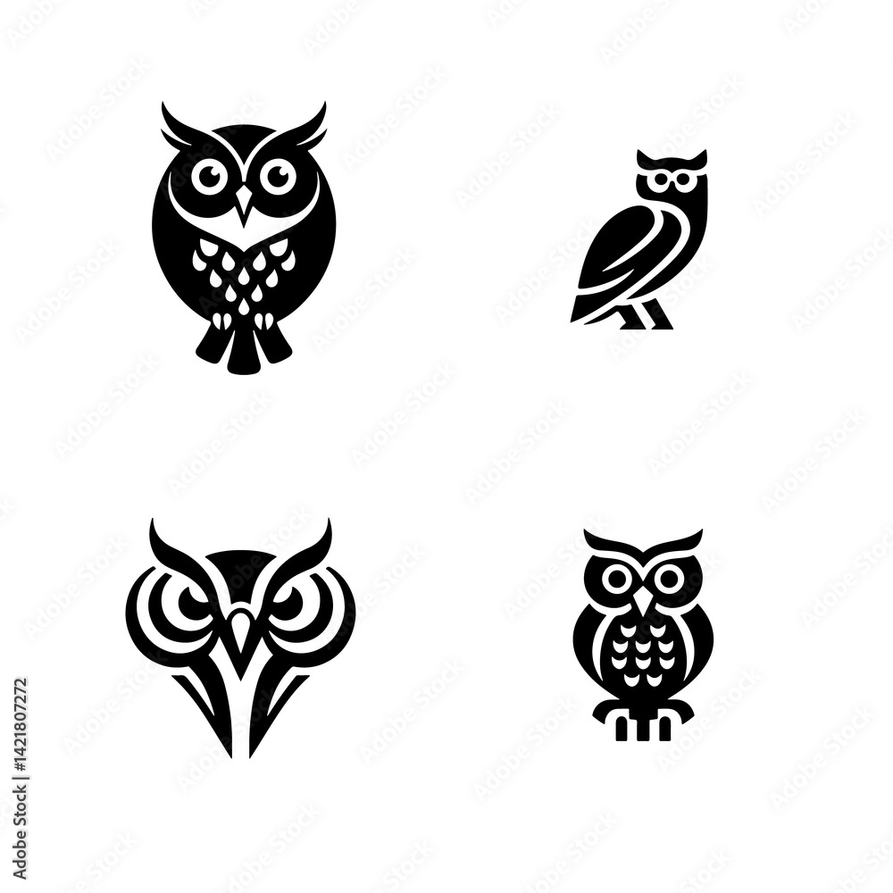 Minimalist owl icon design, black and white owl silhouettes, flat vector style, cartoon owl illustration, symmetrical graphic design, simple and clean owl artwork, front view of cute owls, isolated on Minimalist owl icon design, black and white owl silhouettes, flat vector style, cartoon owl illustration, symmetrical graphic design, simple and clean owl artwork, front view of cute owls, isolated on