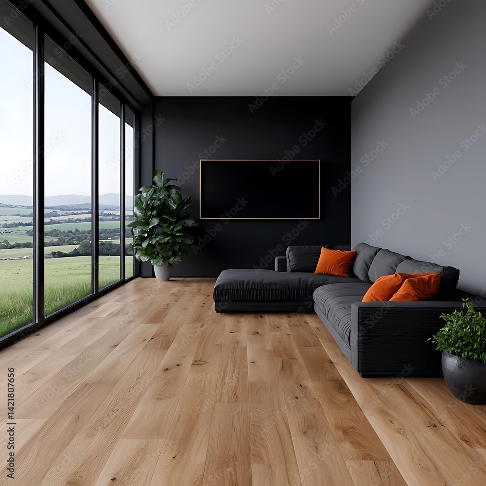 Modern minimalist living space with expansive window views, gray sofa, wooden flooring, and indoor greenery accents creating a serene atmosphere.