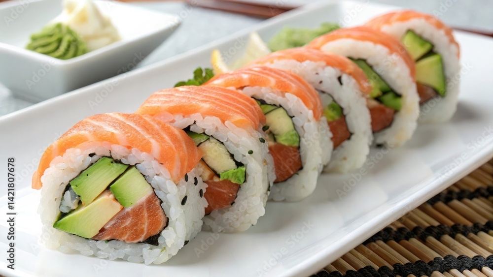 Neatly Arranged Sushi Rolls with Avocado, Salmon, and Fresh Garnishes Neatly Arranged Sushi Rolls with Avocado, Salmon, and Fresh Garnishes