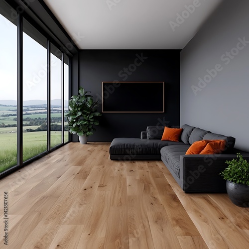 Obraz na płótnie Modern minimalist living space with expansive window views, gray sofa, wooden flooring, and indoor greenery accents creating a serene atmosphere. w salonie