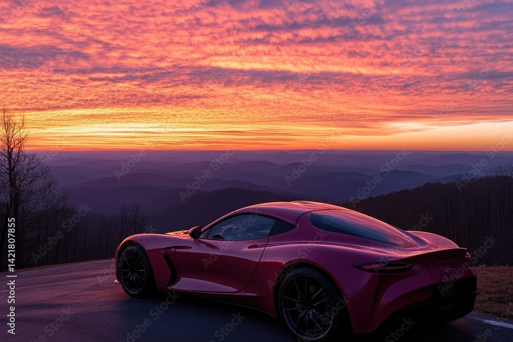 Pink Sunrise over Mountains with Sports Car Pink Sunrise over Mountains with Sports Car