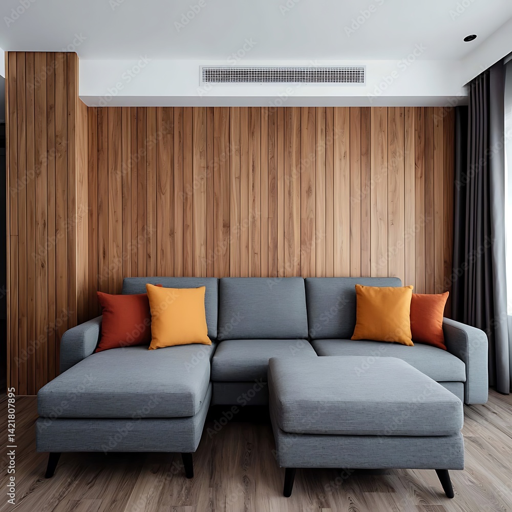 Modern Living Room with Gray Sectional Sofa, Wooden Wall, and Accent Pillows for Comfortable Home Interior Design.