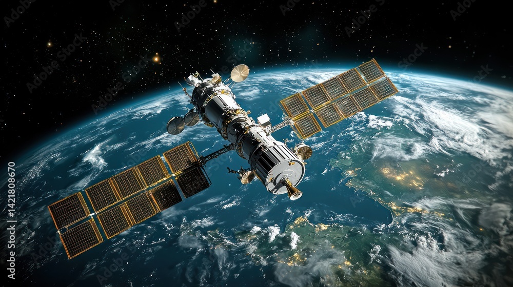 Satellite orbiting Earth at night, showing city lights below. Use Science, technology Satellite orbiting Earth at night, showing city lights below. Use Science, technology