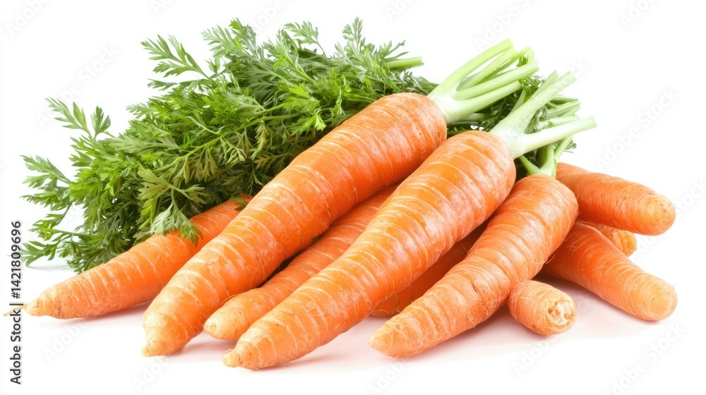 Fresh carrots with green tops, isolated on white background; healthy food, recipe ingredient Fresh carrots with green tops, isolated on white background; healthy food, recipe ingredient