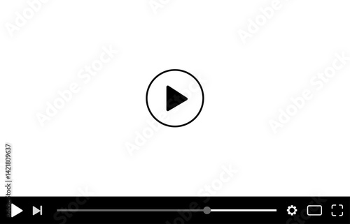 Video player template interface. Video player mockup template with play button, navigation icons, and multimedia window. Modern flat design for web and mobile apps, isolated on transparent background.