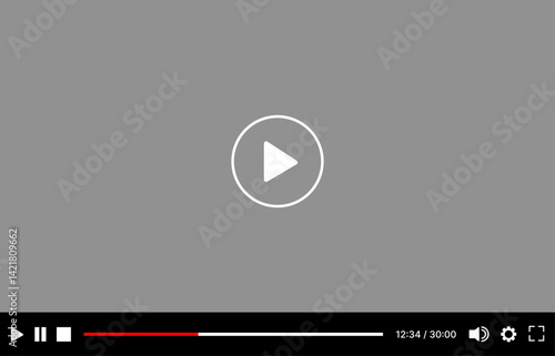 Video player UI mockup template with play button, navigation icons, and multimedia window. Modern flat design for web and mobile apps, isolated on transparent background. Vector illustration.