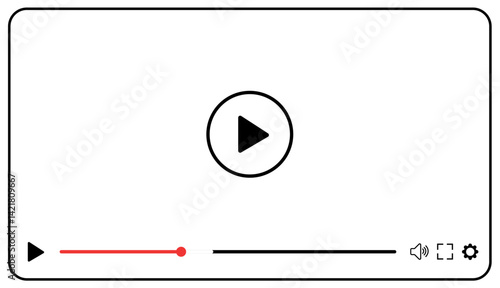 Video player UI mockup template with play button, navigation icons, and multimedia window. Modern flat design for web and mobile apps, isolated on transparent background. Vector illustration.