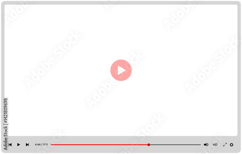 Video player UI mockup template with play button, navigation icons, and multimedia window. Modern flat design for web and mobile apps, isolated on transparent background. Vector illustration.