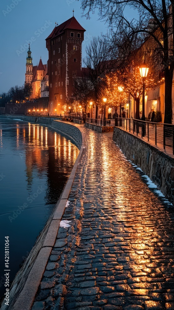 Obraz premium Cobblestone pathway by river at twilight