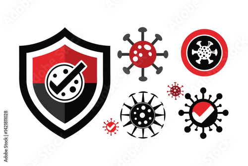 Set of black CORONAVIRUS (COVID-19) with stop sign. Vector illustration.