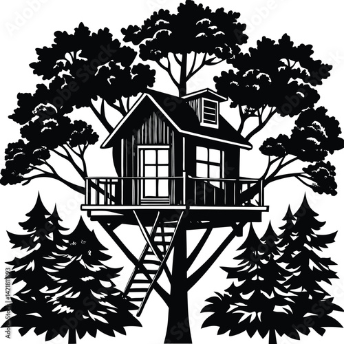 Black and White Treehouse Illustration: Whimsical Tree House Design, Forest Scene, Silhouette Art, Nature-Inspired Graphic, Playful Architecture