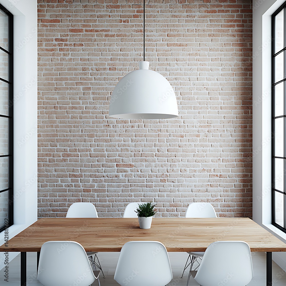 Minimalist Dining Area with Wooden Table, White Chairs, Brick Wall and Pendant Light Creates Stylish Interior.