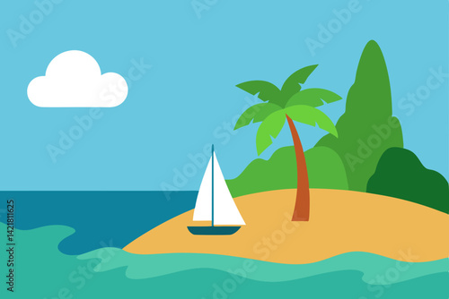 Tropical island paradise with a sailing boat on the calm summer sea and a ship resting on the sandy beach