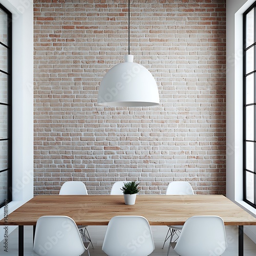 Obraz na płótnie Minimalist Dining Area with Wooden Table, White Chairs, Brick Wall and Pendant Light Creates Stylish Interior. w salonie