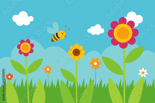 Blooming spring meadow with colorful flowers and butterflies under a clear sky
