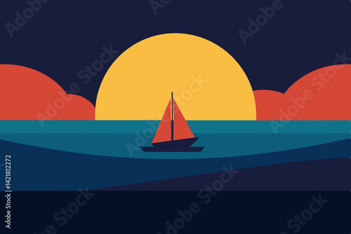 Sailboats gracefully sail across the serene sea at sunset, their silhouettes reflecting on the water under the vast sky, evoking a sense of peaceful summer vacation