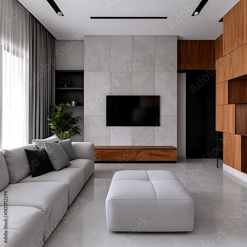 Obraz na płótnie Modern Minimalist Living Room Interior with Neutral Colors, Textured Walls, Wood Accents, Comfortable Seating, and Natural Light. w salonie