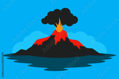 Volcanic fire lights the island sky, a stunning coastal landscape of cloud-kissed mountains overlooking the blue ocean