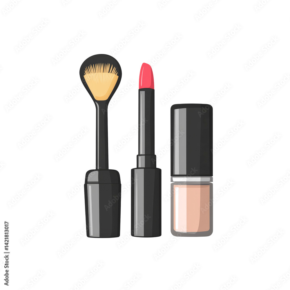 Obraz premium Makeup Essentials Foundation, Lipstick, and Brush