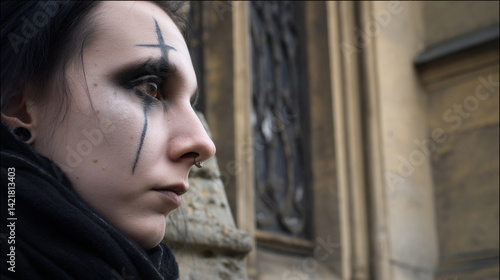Gothic makeup woman portrait with dark eyeshadow and cross face paint emo subculture alternative model look 100