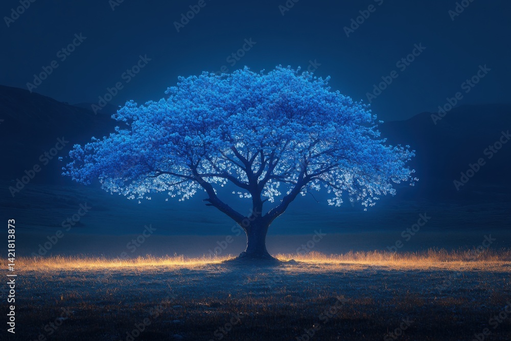 Mystical blue tree glowing in the dark stands solitary in a field at twilight Mystical blue tree glowing in the dark stands solitary in a field at twilight