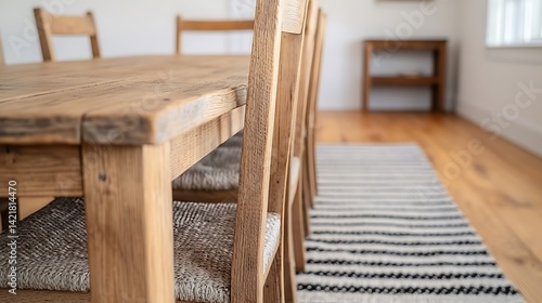 Obraz na płótnie Rustic Wooden Dining Set with Woven Seats and Striped Rug in Bright, Airy Dining Room, Cozy Interior. w salonie
