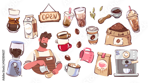 Coffee cartoon stickers set. Funny barista pouring milk to cup, espresso coffee machine and electric grinder, chemex, portafilter. Caffeine drink mascot, cartoon cute collection vector illustration