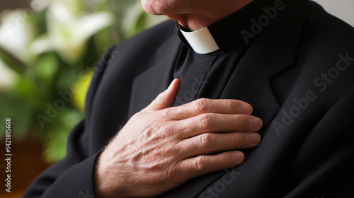 Close up of priest with hand on chest wearing clerical collar and black suit for religious stock photos