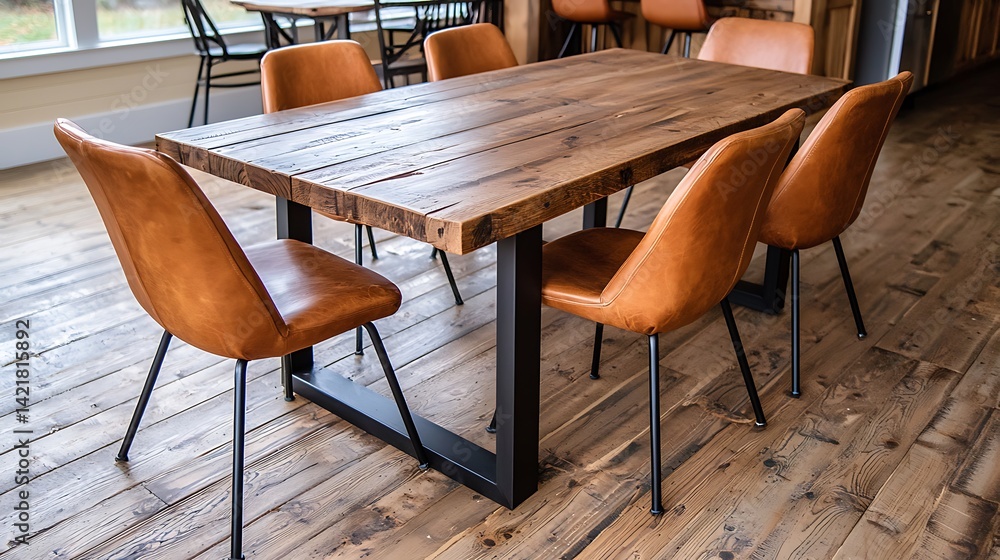 Rustic Wooden Dining Table with Brown Leather Chairs and Black Legs in a Bright Room Setting.
