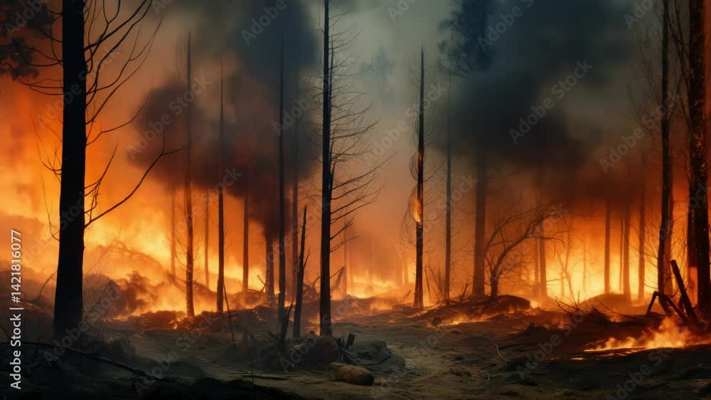 Trees in orange flames forest fire destroying and causing air pollution on dark dry summer night. Burning wood at dark deep wild forest. Horrible nature wildfire disaster. Trees in orange flames forest fire destroying and causing air pollution on dark dry summer night. Burning wood at dark deep wild forest. Horrible nature wildfire disaster.