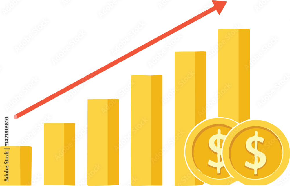 Rising Bar Chart with Coins & Dollar Sign - Financial Growth Vector for Business Reports & Investment Presentations Rising Bar Chart with Coins & Dollar Sign - Financial Growth Vector for Business Reports & Investment Presentations