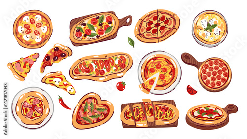 Whole pizza of different shapes and cartoon slices set. Funny pizza cut into triangles pieces, pie on plate and wooden board, top view. Fast food mascot, cartoon hot Italian snacks vector illustration