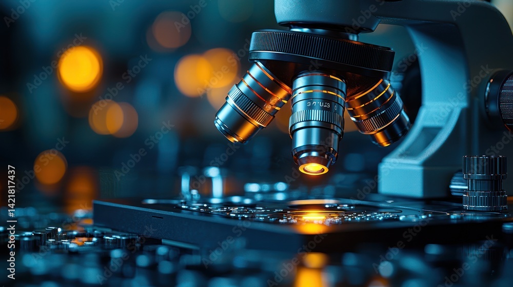 Fototapeta premium Microscope analyzing circuit board in lab