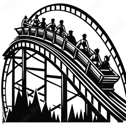 Roller Coaster Ride Black and White Woodcut Illustration: Thrilling Amusement Park Attraction Graphic for Design & Crafts Projects