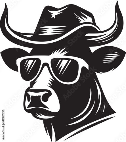 cow clipart silhouette, cow head icon, cow head white sunglass clipart silhouette vector