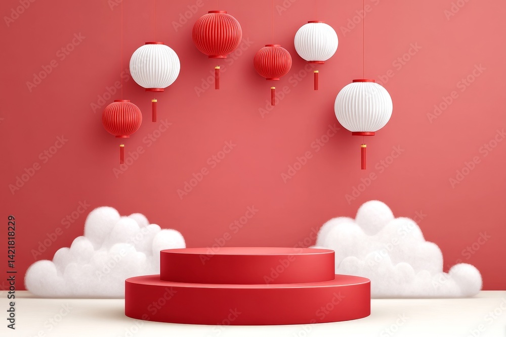 Fototapeta premium Festive Red Platform with Lanterns - Red and white lanterns hang above a two-tiered red display platform