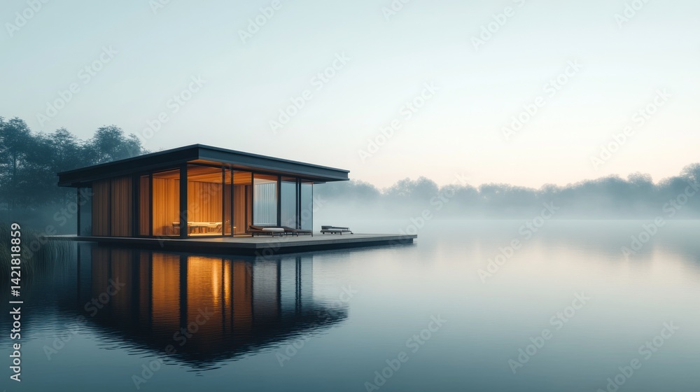 Modern wooden cabin on a serene lake. Tranquil, minimalist design reflects in the water, overlooking a foggy forest. Warm interior lighting highlights the spacious interior Modern wooden cabin on a serene lake. Tranquil, minimalist design reflects in the water, overlooking a foggy forest. Warm interior lighting highlights the spacious interior