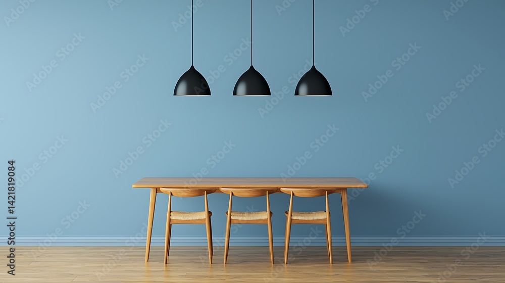 Minimalist dining room with wooden table, chairs and pendant lights against a serene blue wall providing a calm ambiance.
