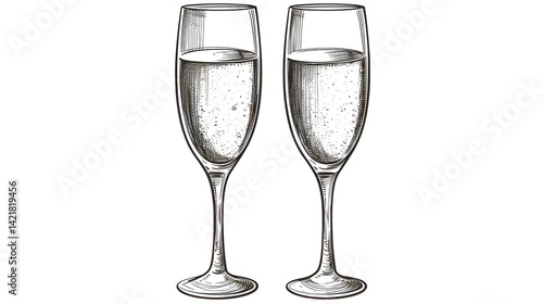 Hand-drawn engraved sketch of two champagne glasses for elegant design projects